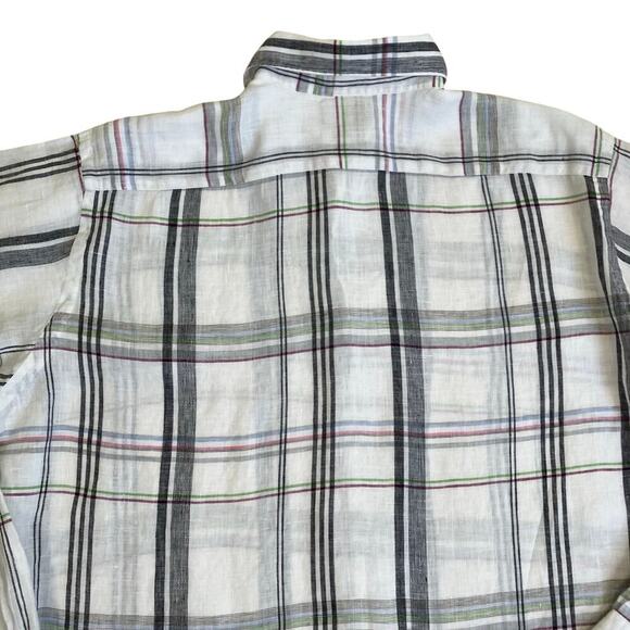 Thomas Dean Mens XL Tall 100% Linen Plaid Button Down Shirt White Multi Casual - Picture 15 of 16